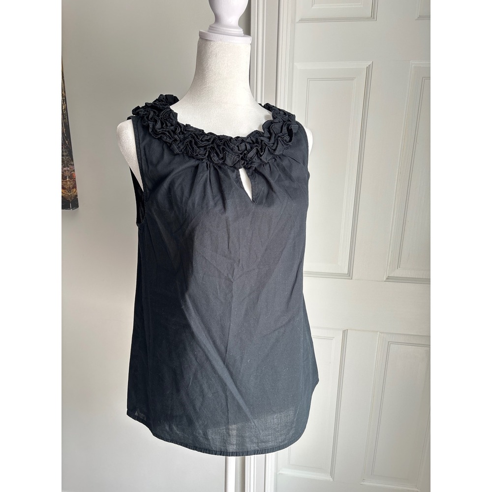 LOFT Ruffle Neck Blouse Womens XS Black Excellent Sleeveless Cotton Top Workwear